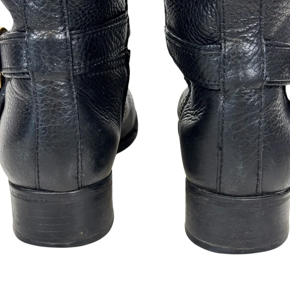 Tory Burch Women's Size 5M Black Leather Riding Boots Gold Logo Buckle Knee High